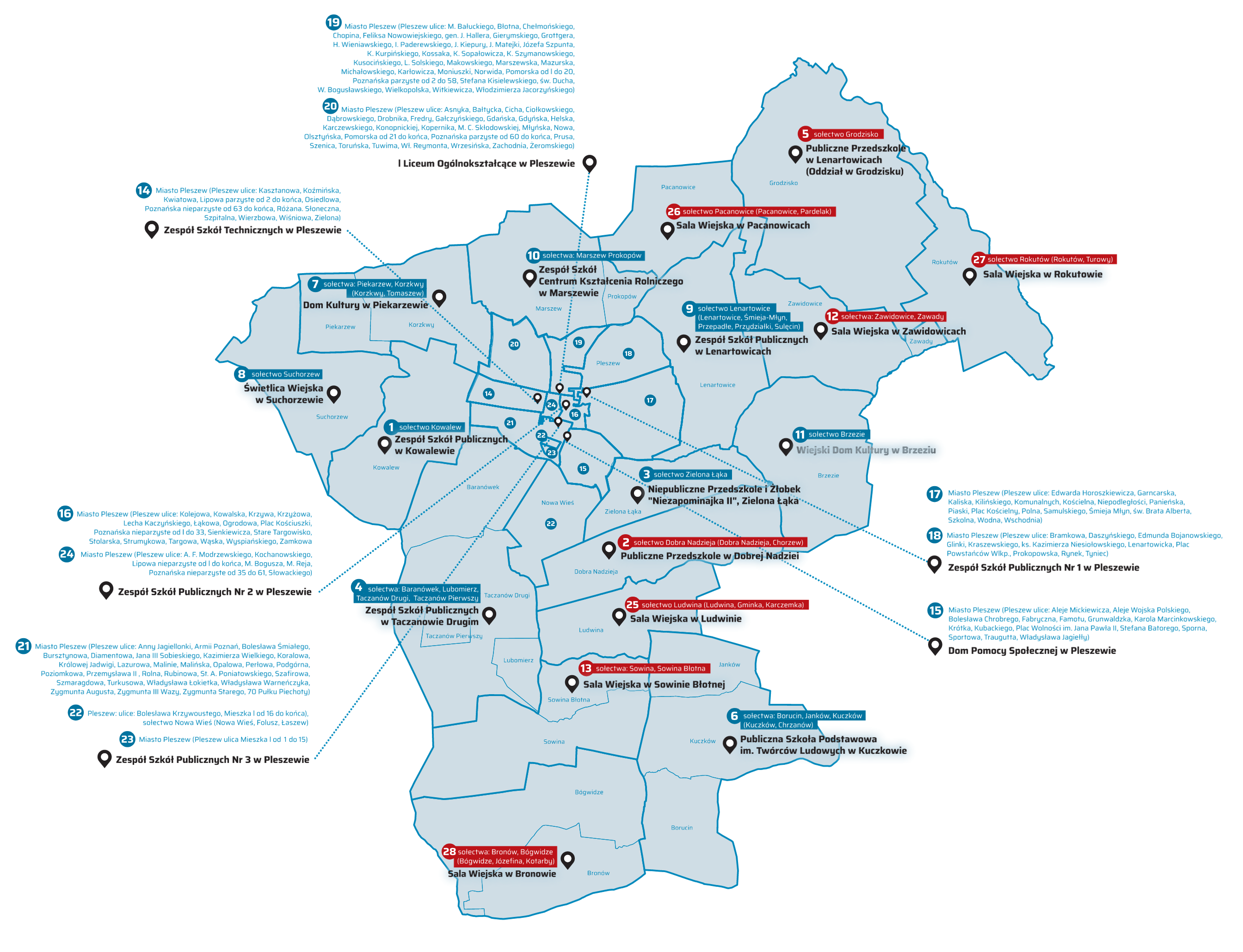 Mapa gminy Pleszew z podziałem na obwody do głosowania oraz lokalizacje lokali wyborczych na wybory parlamentarne 2023.