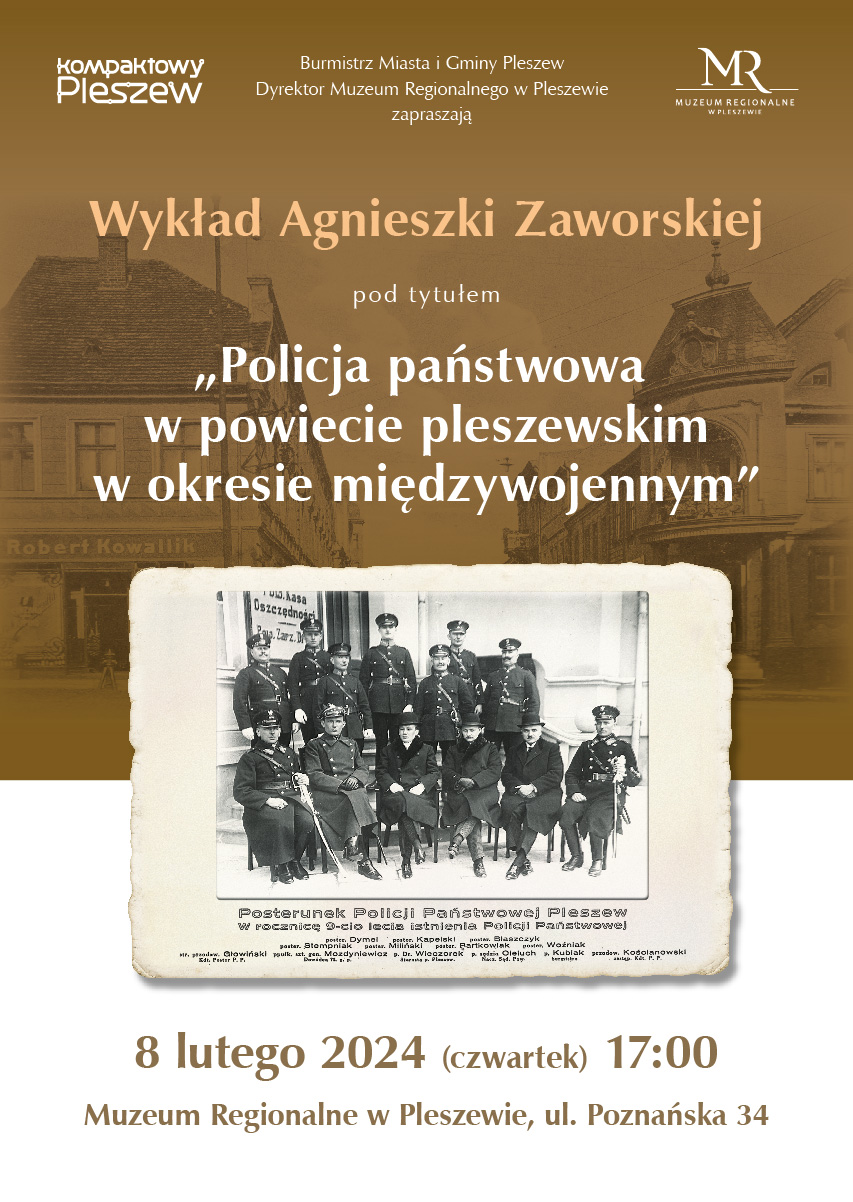 Plakat opisujący wydarzenie odbywające się w Muzeum Regionalnym w Pleszewie 8 lutego 2024 roku o godzinie 17:00.