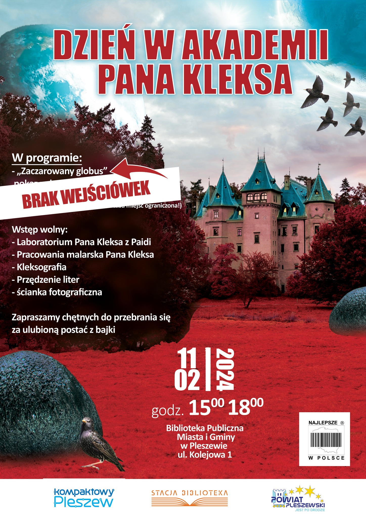 Plakat przedstawiający wydarzenie "Dzień w Akademii Pana Kleksa odbywające się w Bibliotece Publicznej MiG Pleszew 11 lutego 2024 roku od godz 15:00.