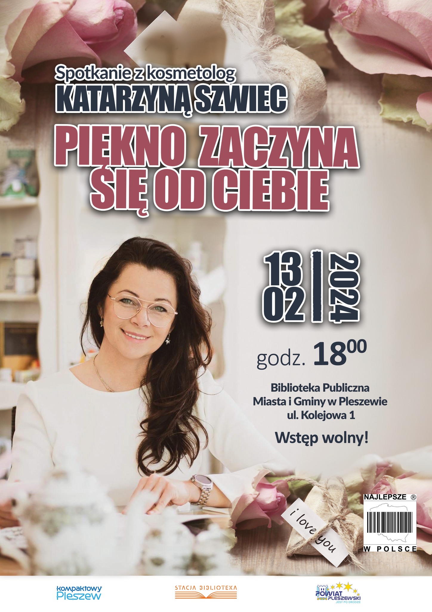 Plakat spotkania z kosmetolog w Bibliotece Publicznej MiG Pleszew odbywające się 13 lutego 2024 roku o godzinie 18:00.