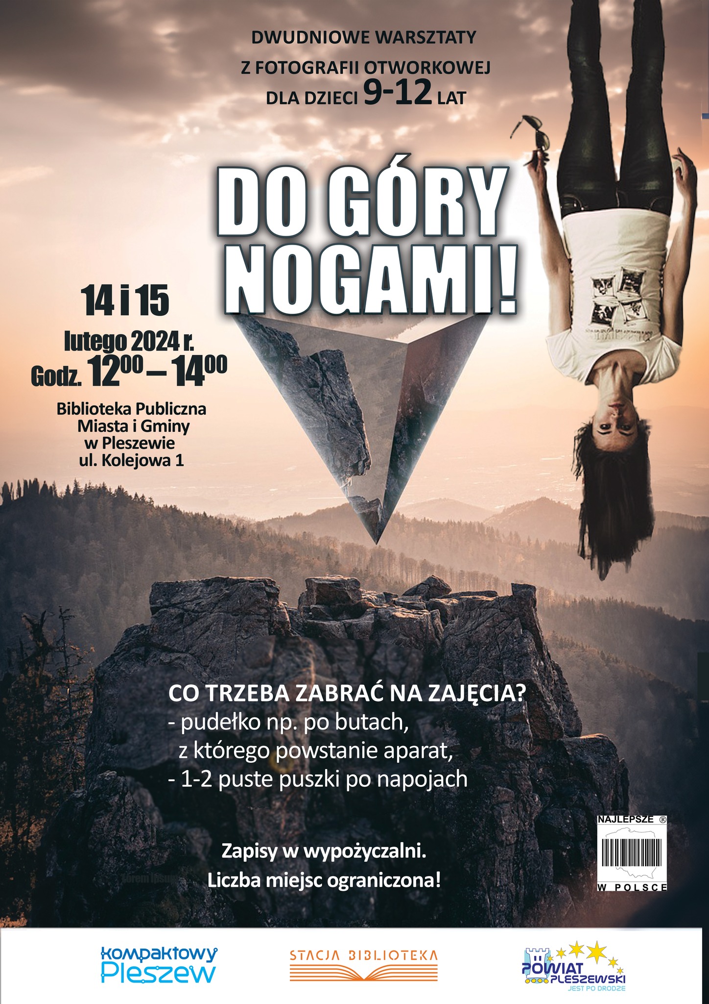 Plakat przedstawia wydarzenie w Bibliotece Publicznej MiG Pleszew "Dwudniowe warsztaty z fotografii otworkowej" odbywające się 14 i 15 lutego 2024 roku.