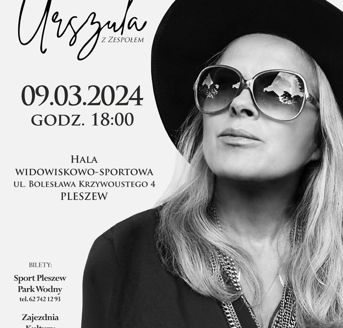 Plakat koncertu Urszuli z okazji Dnia Kobiet odbywającego się w Hali Widowiskowo-Sportowej 9 marca 2024 roku o godzinie 18:00.