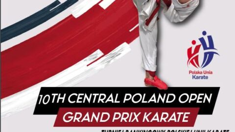 Plakat zawodów 10th Central Poland Open Grand Prix Karate odbywających się 20-21 kwietnia 2024 roku w Hali Sportowej w Pleszewie.
