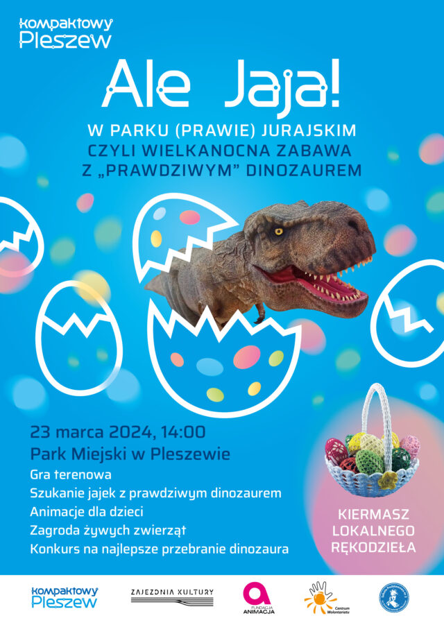 Plakat wydarzenia wielkanocnego odbywającego się w Parku Miejskim w Pleszewie 23 marca 2024 r. o godzinie 14:00.