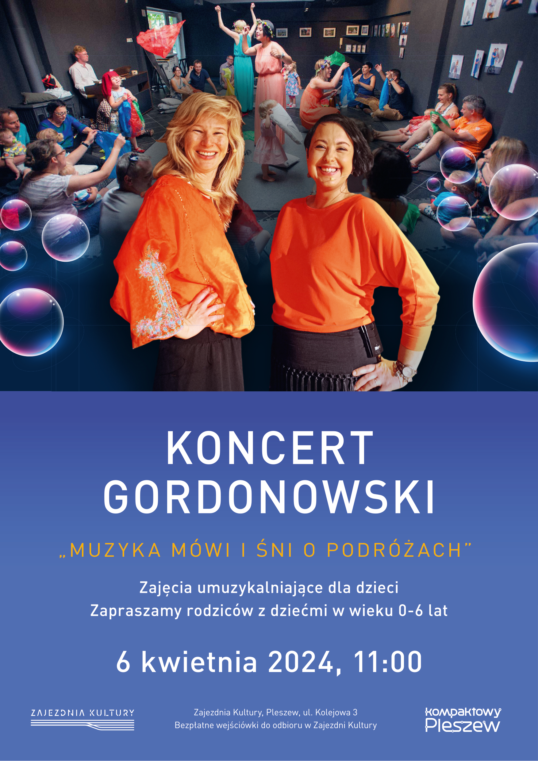 Plakat zajęć umuzykalniających dla dzieci "Koncert Gordonowski" odbywających się 6 kwietnia 2024 r. o godzinie 11:00.