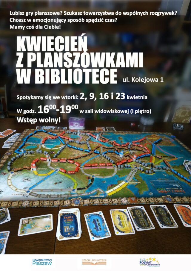 Plakat kwietnia z planszówkami w bibliotece publicznej w Pleszewie.