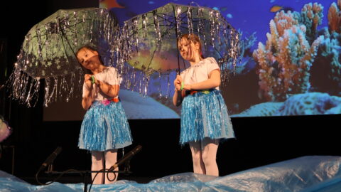 Występy przedszkolaków podczas jubileuszowej gali Przeglądu Teatrzyków Przedszkolnych "Witajcie w naszej bajce" odbywającej się w kinie Hel w Pleszewie.