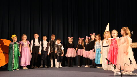 Występy przedszkolaków podczas jubileuszowej gali Przeglądu Teatrzyków Przedszkolnych "Witajcie w naszej bajce" odbywającej się w kinie Hel w Pleszewie.