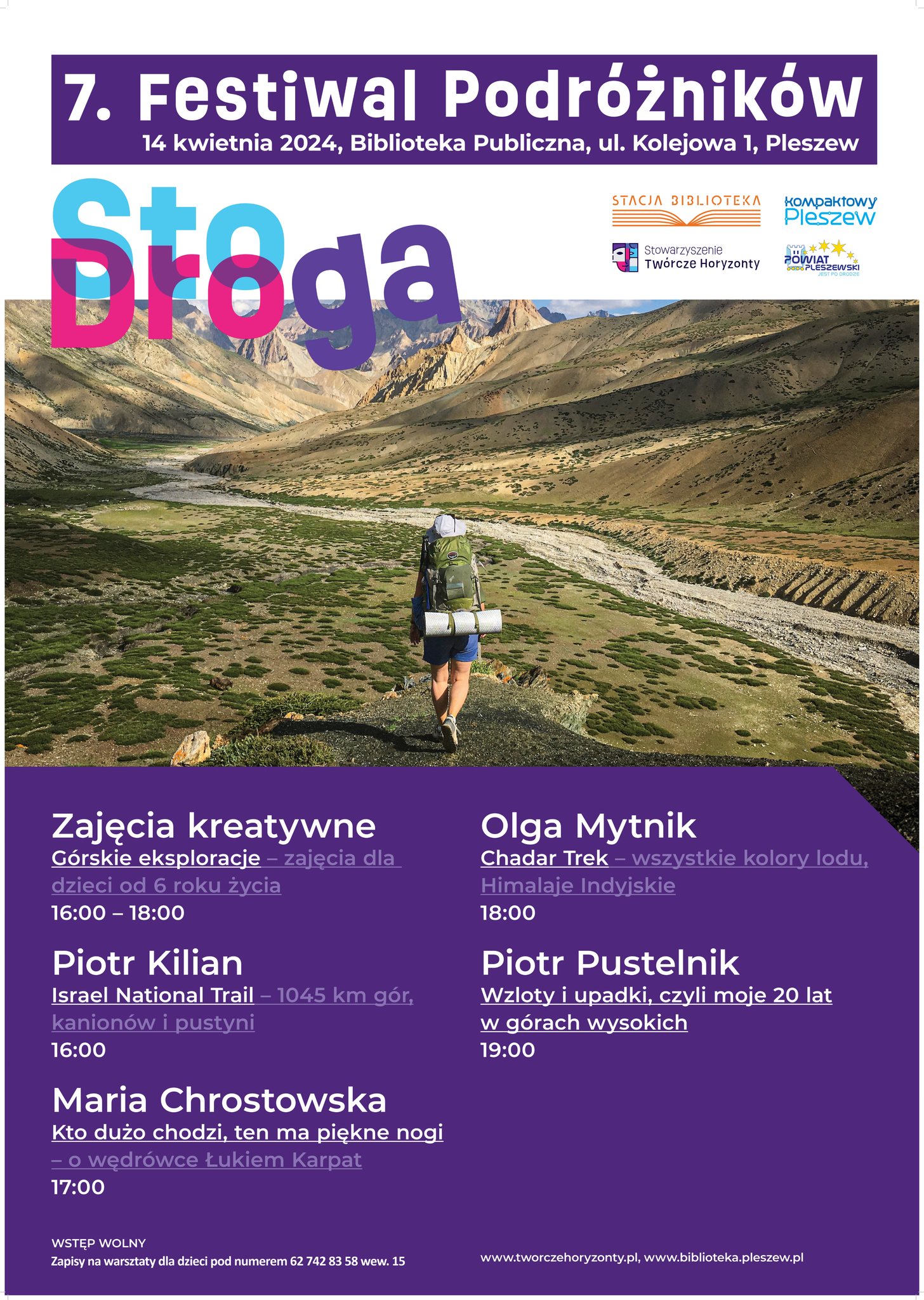 Plakat Festiwalu Podróżników 100droga odbywającego się w Bibliotece Publicznej MiG Pleszew 14 kwietnia 2024 r. od godziny 16:00.