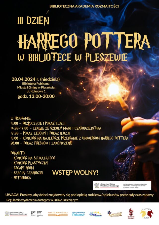 Plakat III Dnia Harrego Pottera odbywającego się w Bibliotece Publicznej MiG Pleszew 28 kwietnia 2024 roku.