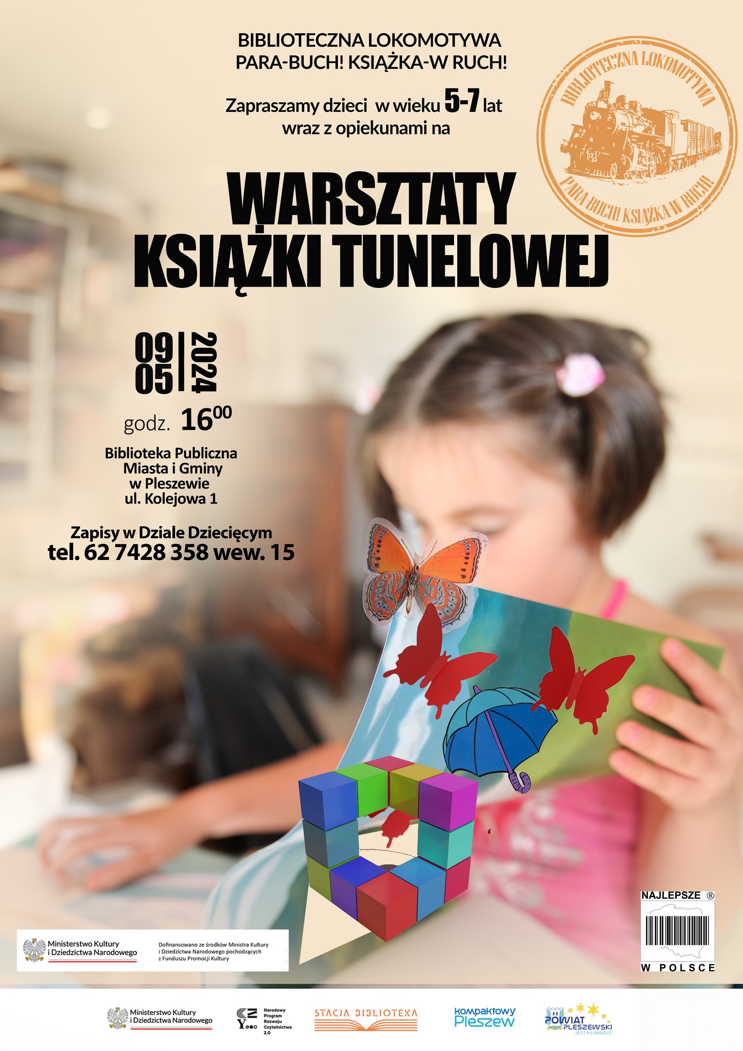 Plakat warsztatów książki tunelowej odbywających się 9 maja 2024 r. o godz. 16:00 w Bibliotece Publicznej MiG Pleszew.