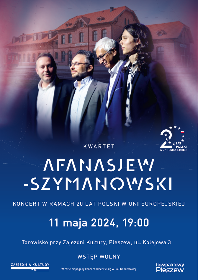 Plakat koncertu Afanasjew-Szymanowski odbywającego się 11 maja 2024 roku o godzinie 19:00 na torowisku przy Zajezdni Kultury w Pleszewie.