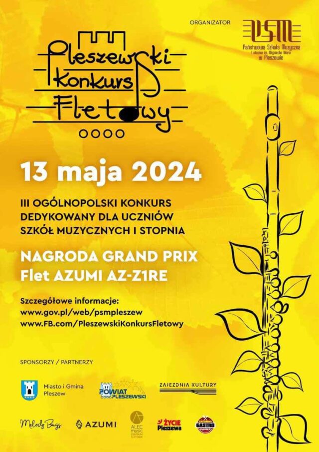 Plakat III Ogólnopolskiego Konkursu Fletowego odbywającego się 13 maja 2024 r. w Państwowej Szkole Muzycznej w Pleszewie.