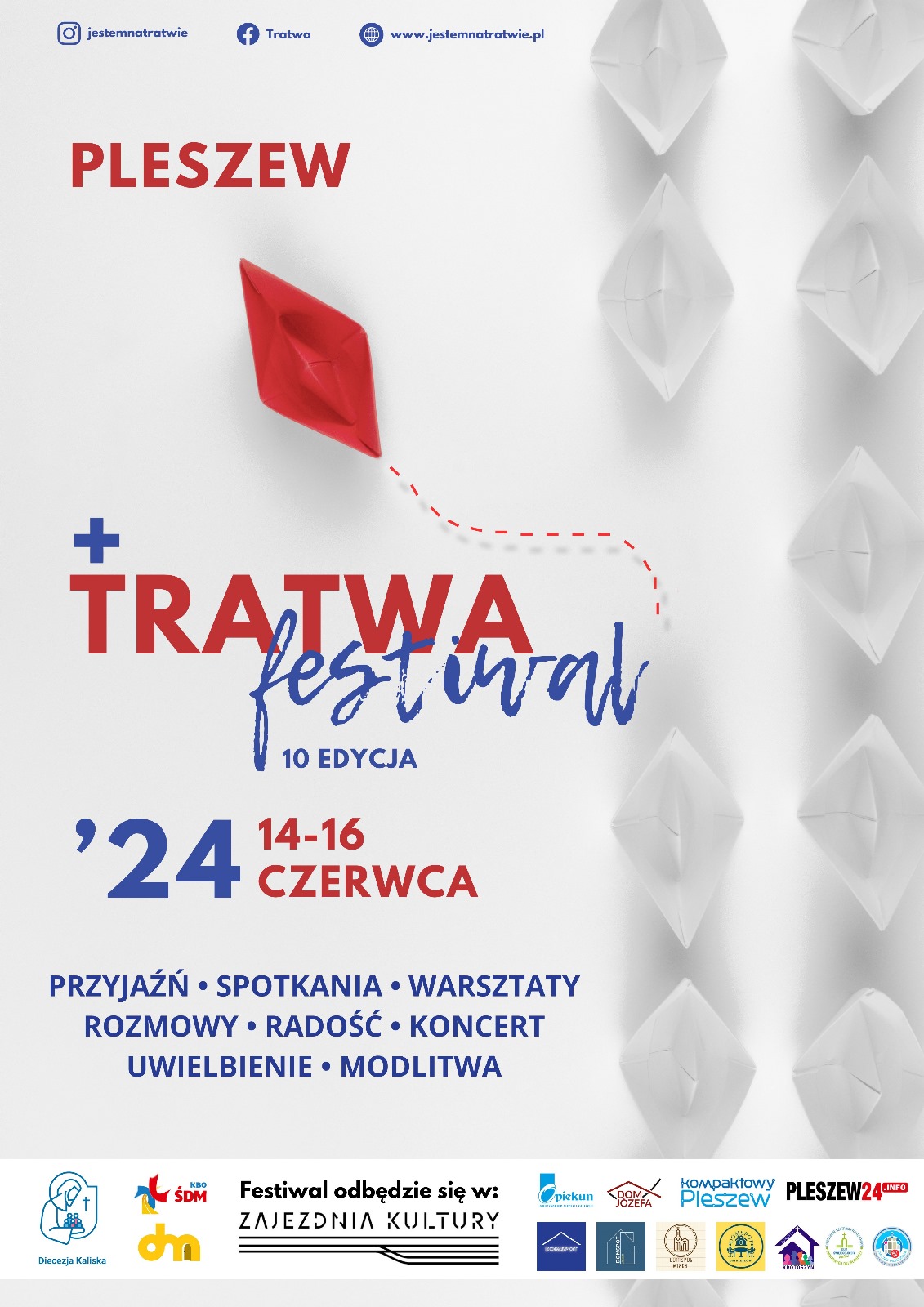 Plakat festiwalu Tratwa odbywającego się w dniach 14-16 czerwca 2024 r. w Zajezdni Kultury w Pleszewie.
