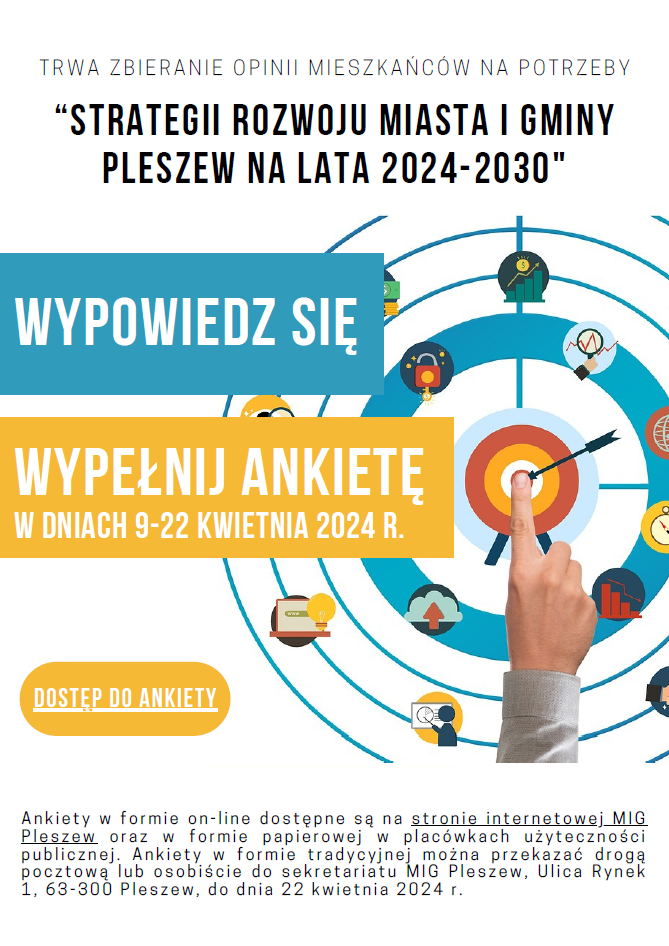 Plakat dotyczący dostępu do ankiety na temat strategii rozwoju Miasta i Gminy Pleszew na lata 2024-2030.