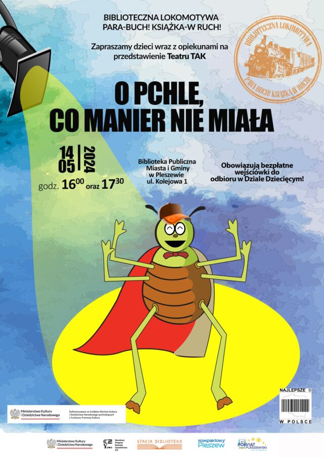 Plakat spektaklu Teatru TAK odbywającego się w Bibliotece Publicznej MiG Pleszew odbywającego się 14 maja 2024 r. o godzinie 16:00 i 17:30
