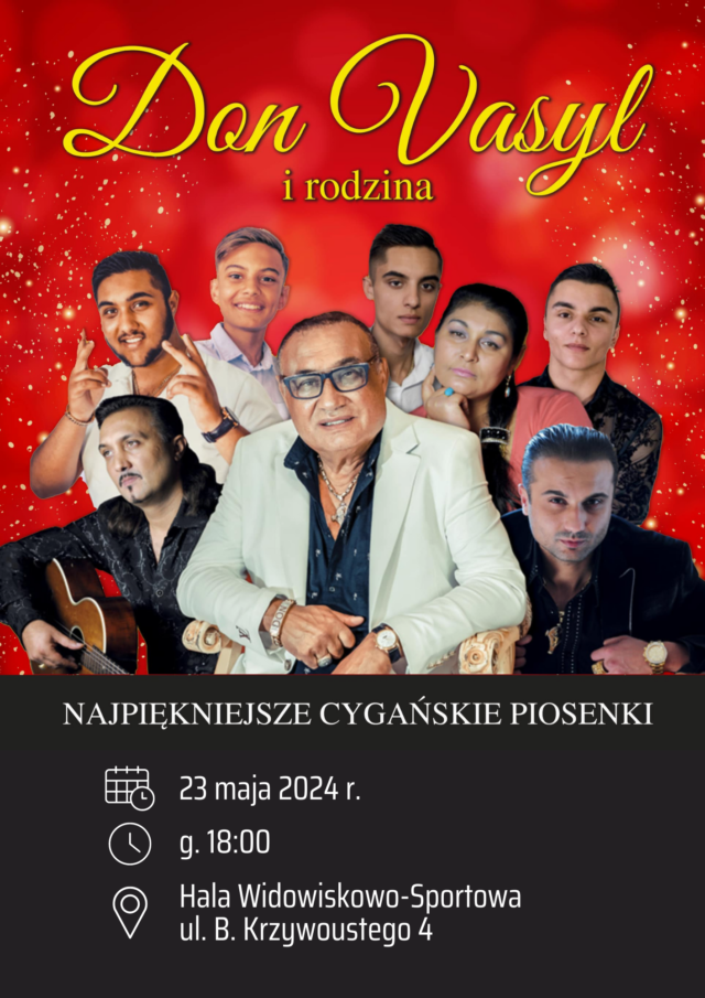 Plakat koncertu Don Vasyla z rodziną odbywającego się 23 maja 2024 r. o godzinie 18:00 w Hali Sportowej w Pleszewie.