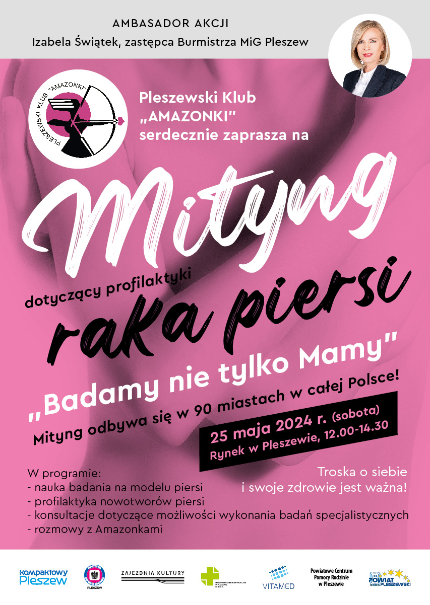 Plakat informujący o Mityngu dotyczącym profilaktyki raka piersi "Badamy nie tylko mamy" odbywającego się 25 maja 2024 r. o godzinie 12:00 na pleszewskim rynku.