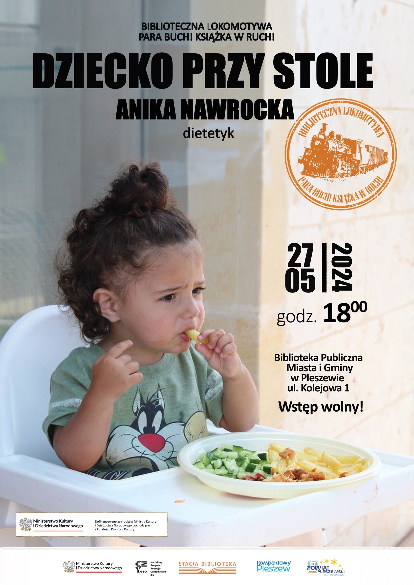 Plakat spotkania z dietetyk Aniką Nawrocką w bibliotece publicznej MiG Pleszew 27 maja 2024 r. o godzinie 18:00.