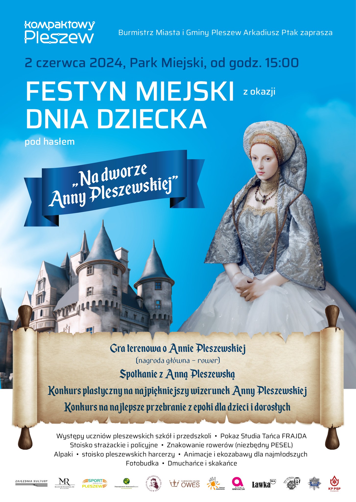 Plakat festynu miejskiego w parku miejskim odbywającego się 2 czerwca 2024 r. o godzinie 15:00