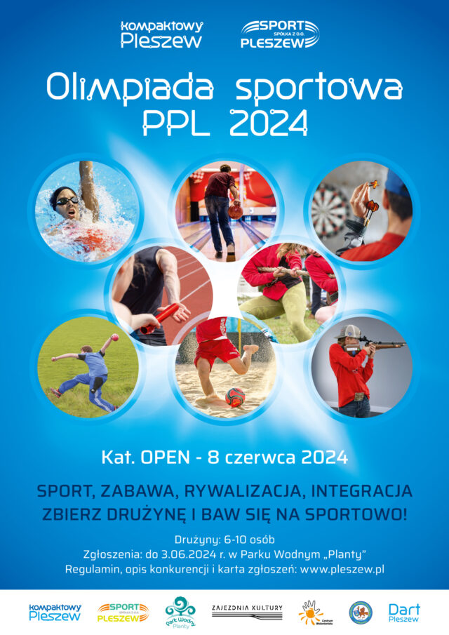 Plakat Olimpiady Sportowej PPL OPEN odbywającej się 8 czerwca 2024 r. na kompleksie sportowym w Pleszewie
