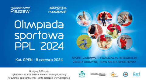 Grafika informująca o Olimpiadzie Sportowej PPL 2024kat. OPEN odbywającej się 8 czerwca 2024 r. na terenach sportowych MiG Pleszew.