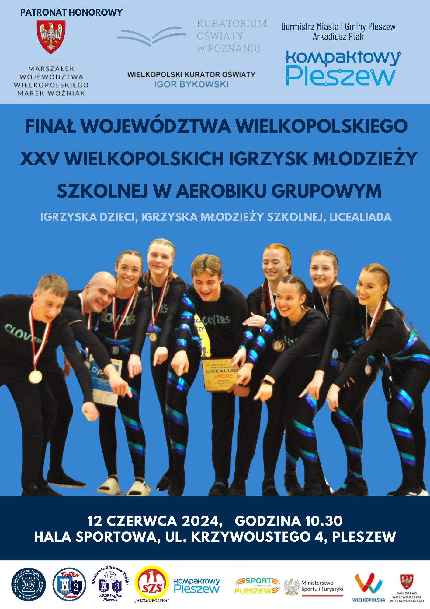 Plakat finału województwa wielkopolskiego w aerobiku grupowym odbywajacego się 12 czerwca 2024 r. o godzinie 10:30 w Hali Sportowej w Pleszewie.