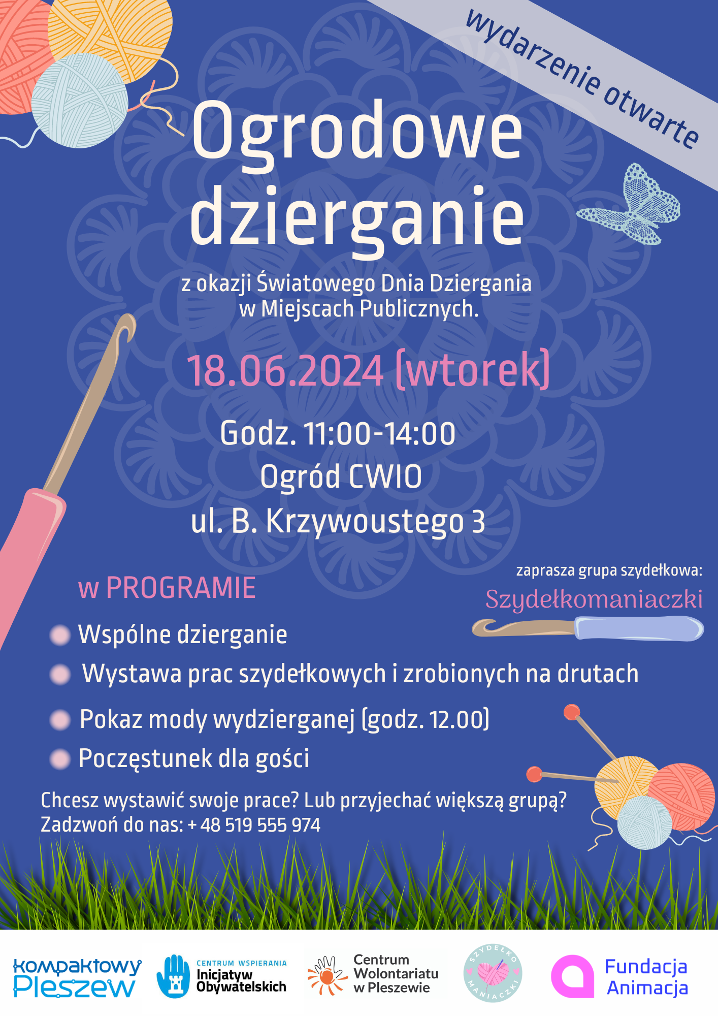 Plakat spotkania "Ogrodowe dzierganie" w Pleszewskim CWIO odbywajacego się 18 czerwca 2024 r. o godzinie 11:00.