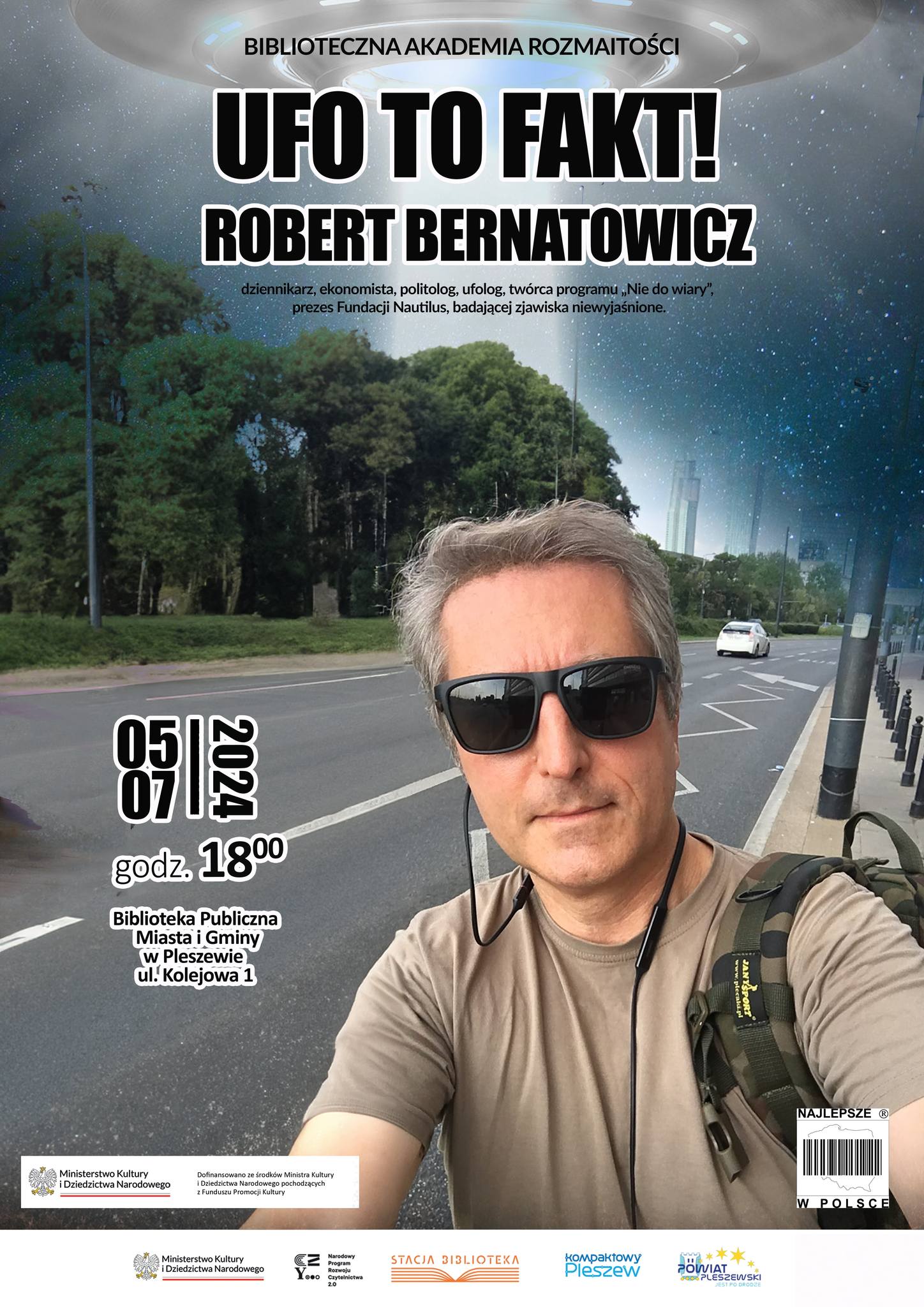 Plakat spotkania z Robertem Bernatowiczem 5 lipca 2024 r. w Bibliotece Publicznej w Pleszewie