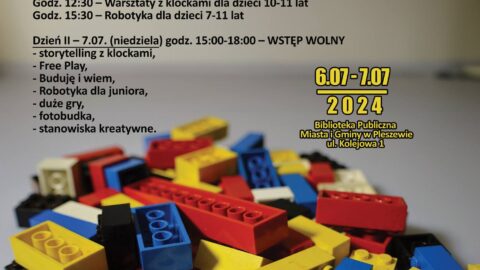 Plakat Festiwalu Lego "Pociąg do Nauki" odbywającego się w Bibliotece Publicznej MiG Pleszew w dniach 6-7 lipca 2024 r.