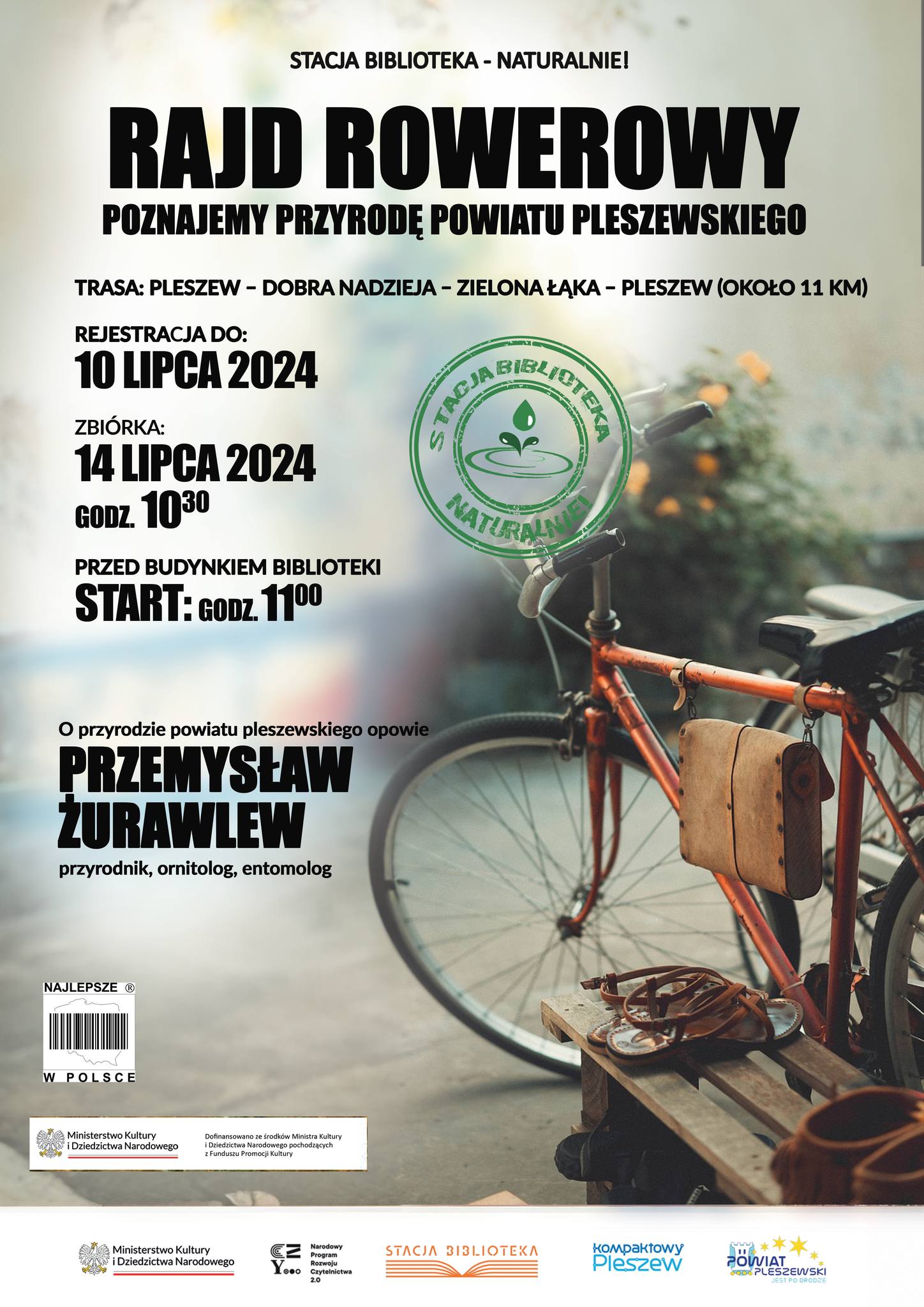 Plakat rajdu rowerowego organizowanego przez Bibliotekę Publiczną MiG Pleszew 14 lipca 2024 r. o godzinie 11:00.