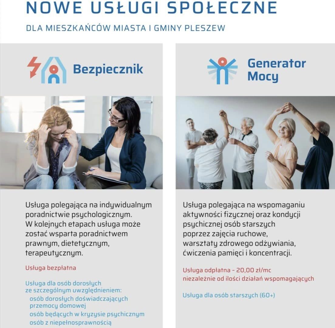 Plakat nowych usług wprowadzonych przez Centrum Usług Społecznych w Pleszewie.