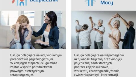 Plakat nowych usług wprowadzonych przez Centrum Usług Społecznych w Pleszewie.