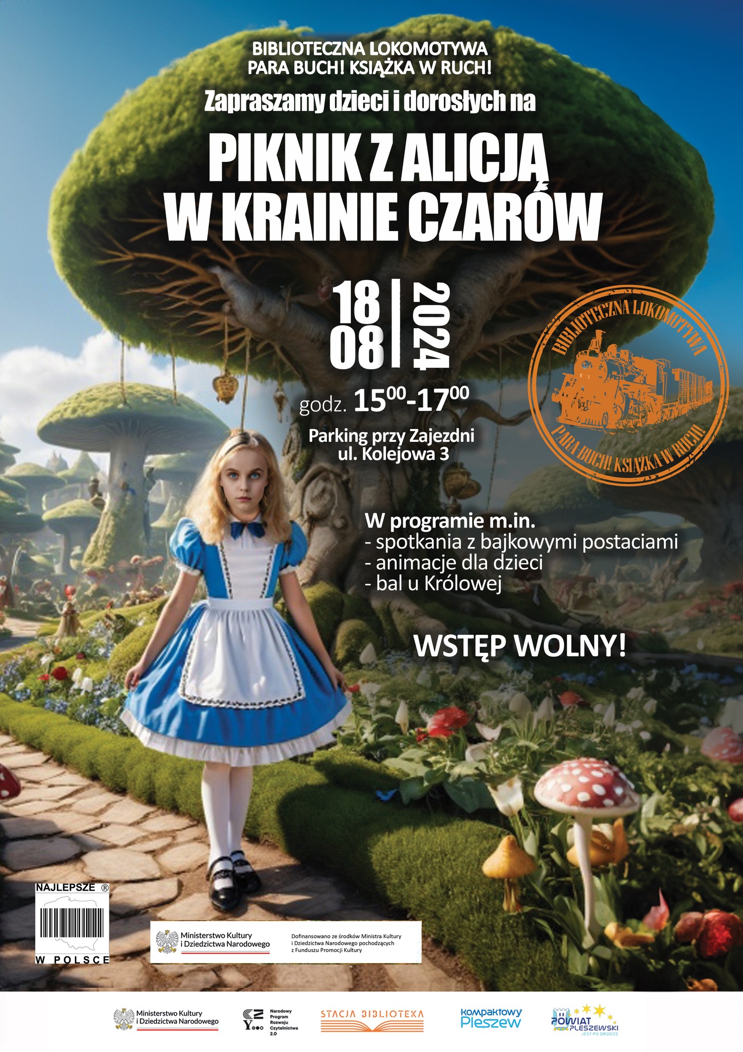 Plakat pikniku z Alicją w Krainie Czarów odbywajacego się na parkingu przy zajezdni Kultury w Pleszewie 18 sierpnia 2024 r.