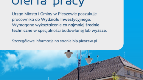 Grafika z ogłoszeniem o pracę w Urzędzie Miasta i Gminy w Pleszewie.