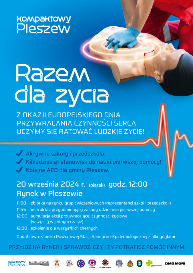 Plakat wydarzenia "Razem dla życia" w Mieście i Gminie Pleszew odbywającego się 20 września 2024 r. na pleszewskim Rynku.