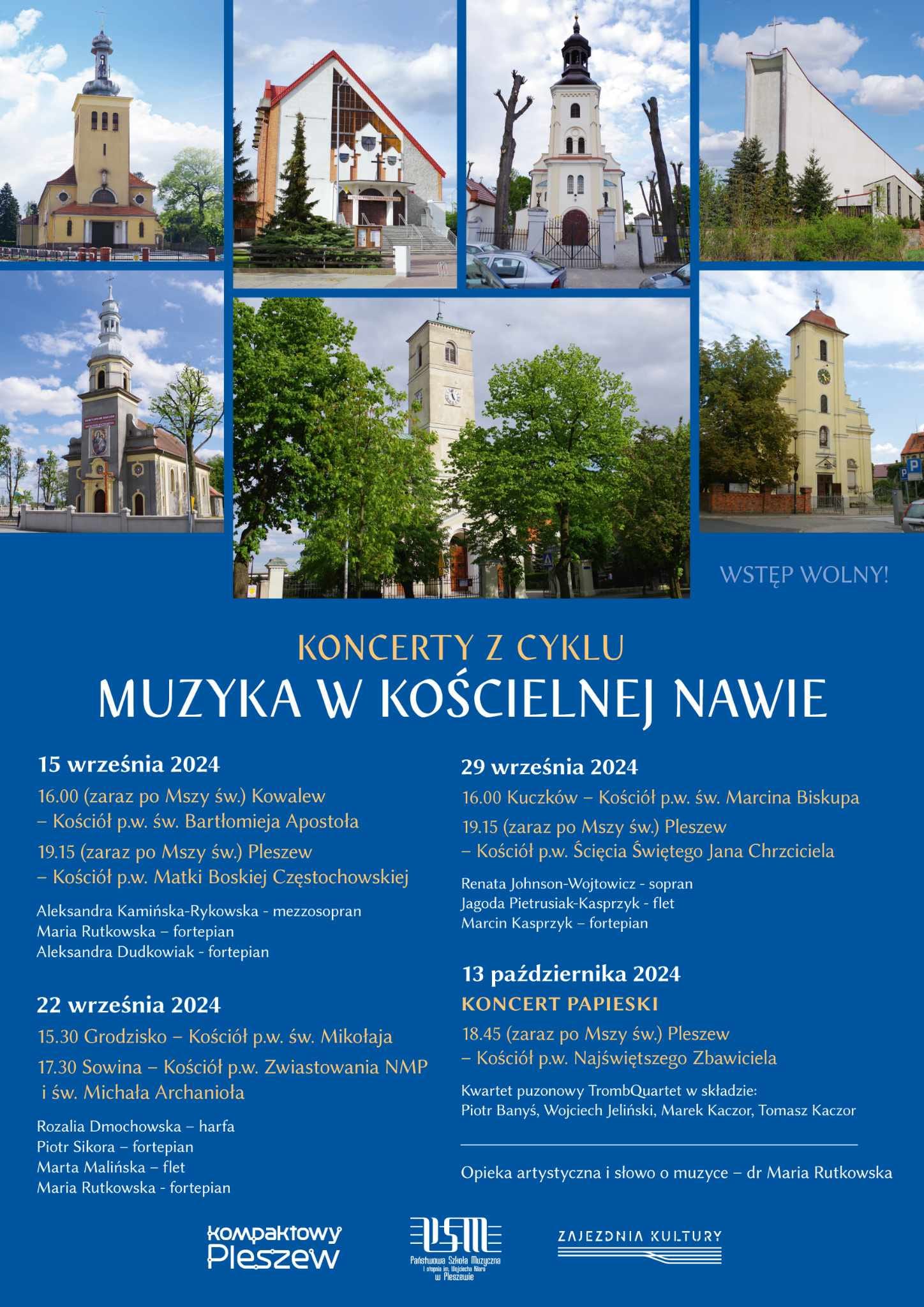 Plakat koncertów Muzyka w kościelnej nawie w kościołach MiG Pleszew.