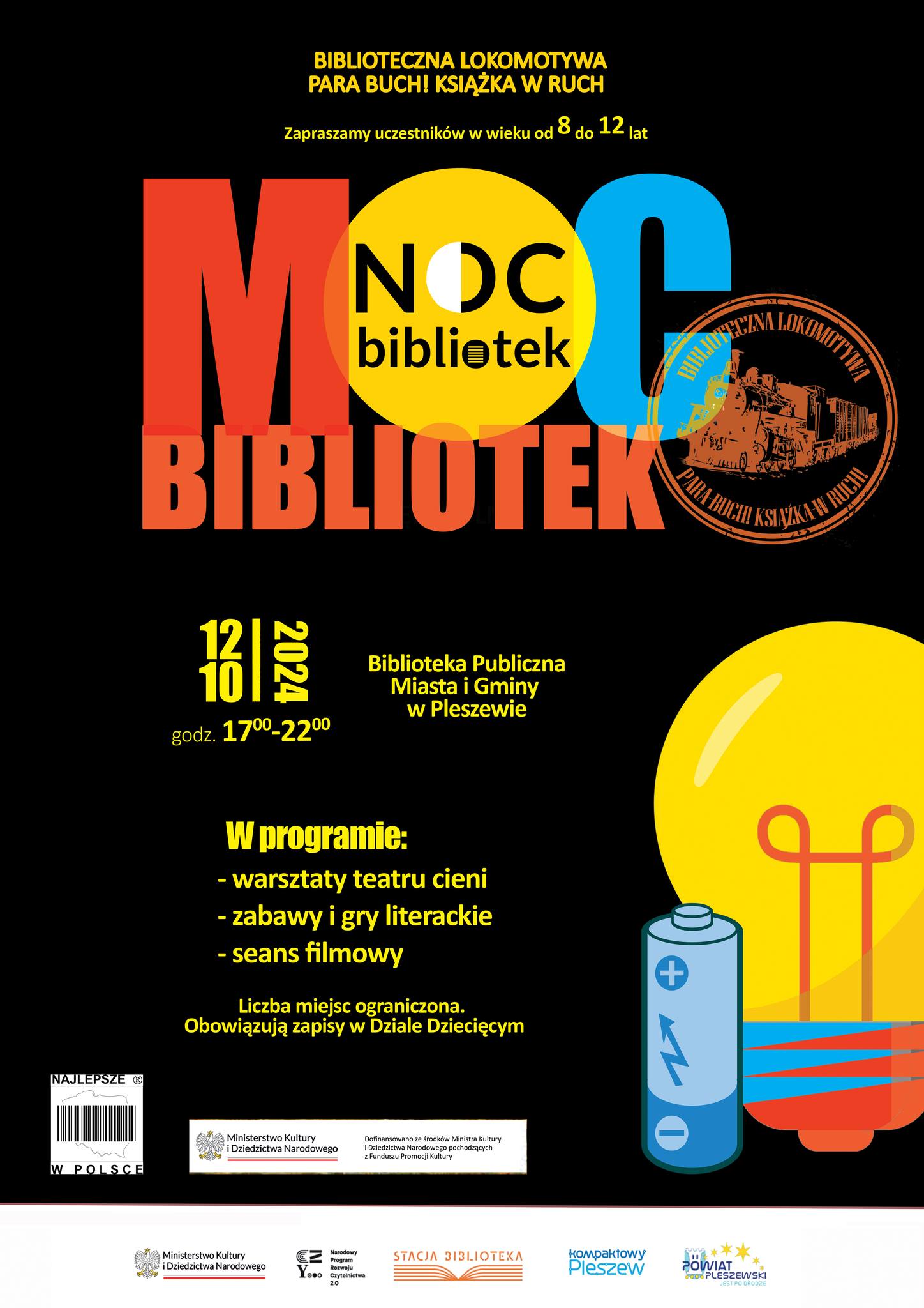 Plakat nocy bibliotek w Pleszewie 12 października 2024 r. w godz. 17-22