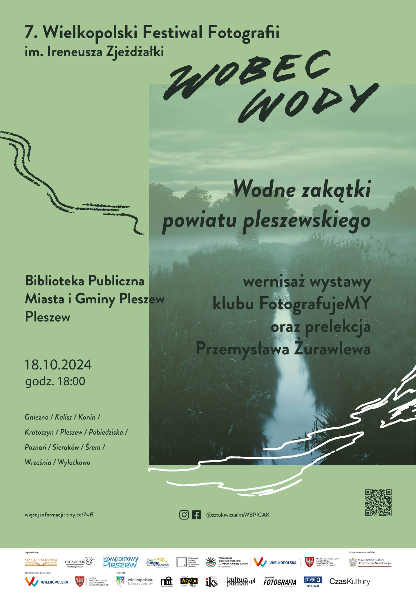 Plakat wernisażu wystawy fotografii klubu FotografujeMY odbywającego się 18 października 2024 r. w Bibliotece Publicznej MiG Pleszew.