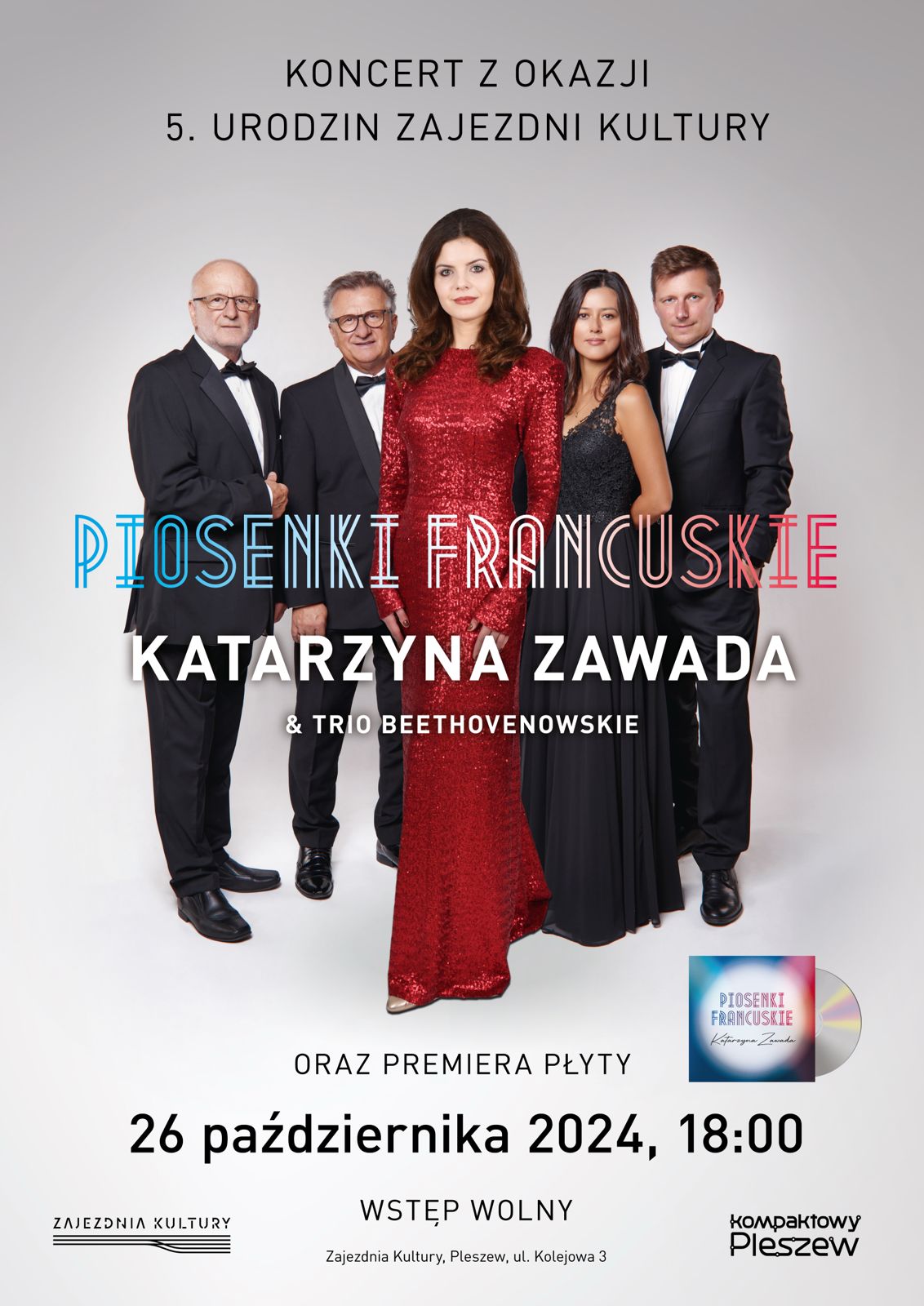 Plakat koncertu z okazji 5. urodzin Zajezdni Kultury w Pleszewie odbywającego się 26 października 2024 r. o godz. 18:00.