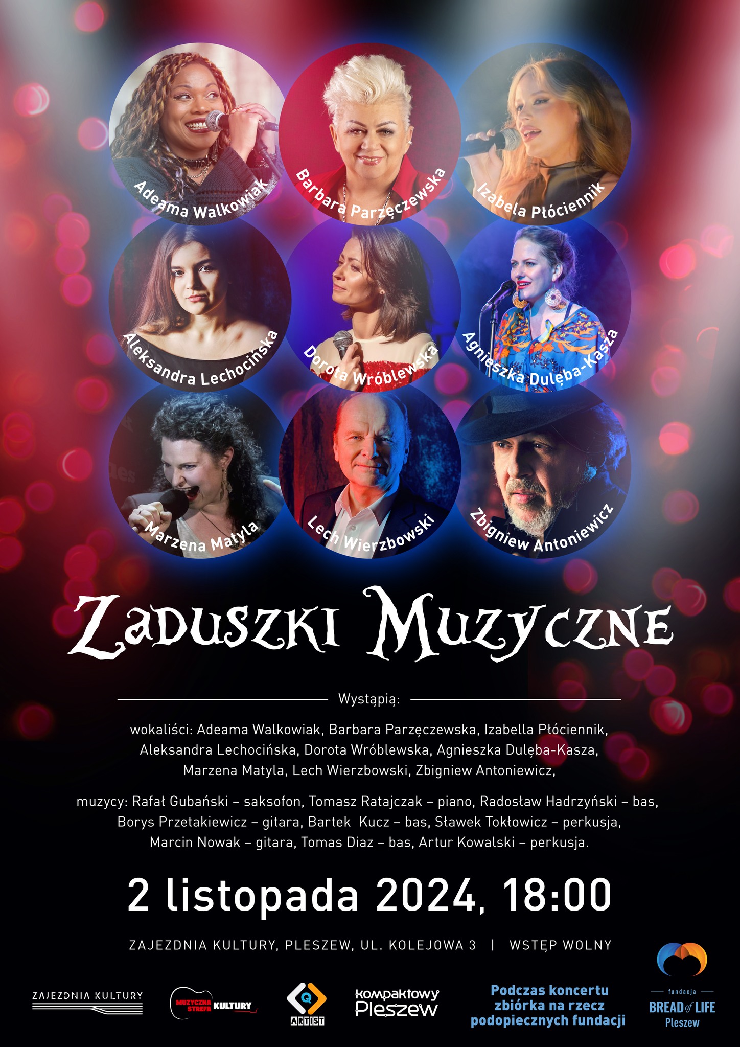 Plakat zaduszków muzycznych odbywających się w Zajezdni Kultury w Pleszewie 2 listopada 2024 r.