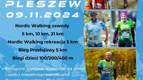 Plakat Pucharu Polski Nordic Walking odbywającego się 9 listopada 2024 r. w Parku Leśnym Planty w Pleszewie.