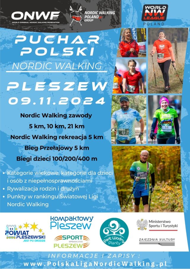 Plakat Pucharu Polski Nordic Walking odbywającego się 9 listopada 2024 r. w Parku Leśnym Planty w Pleszewie.