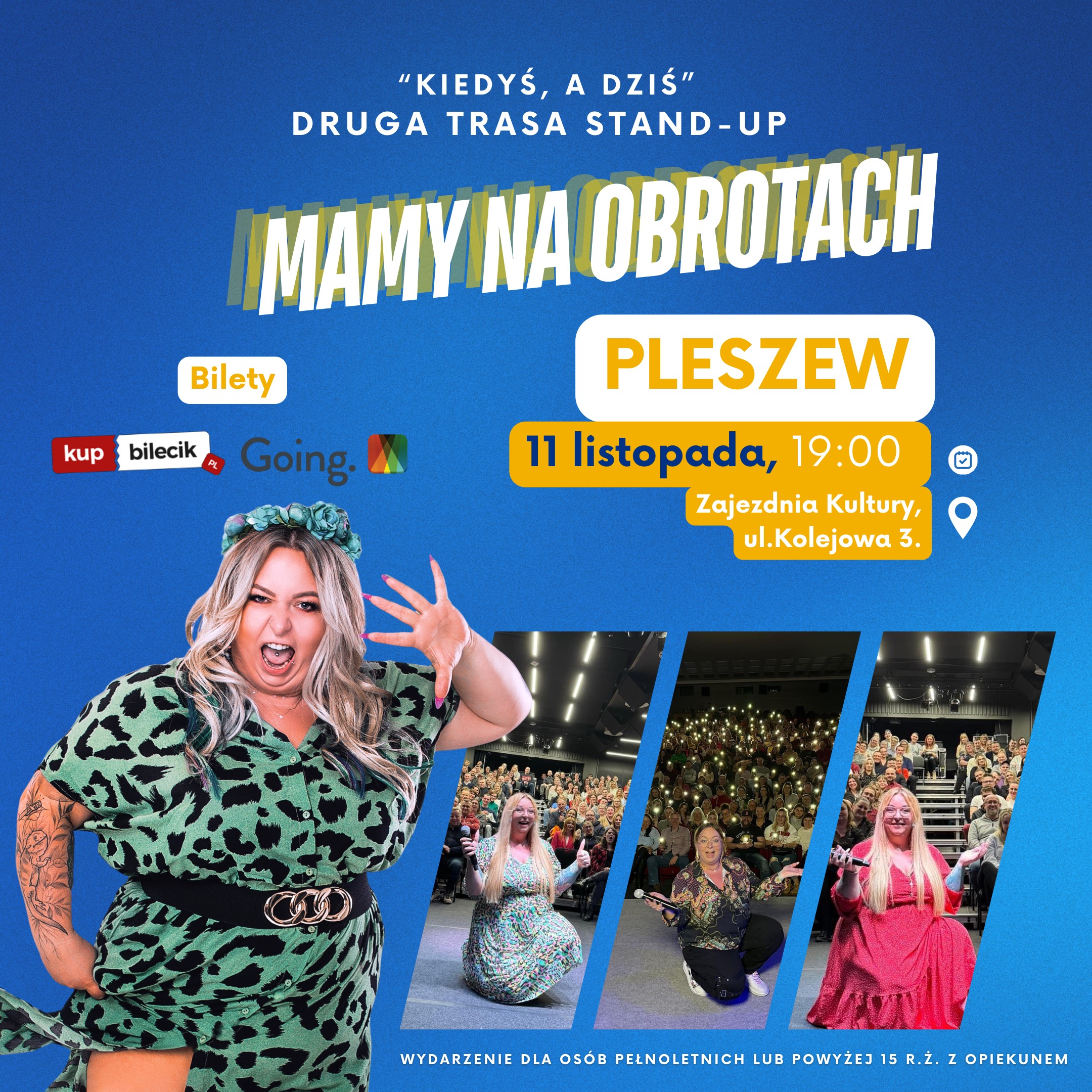 Plakat występu "mama na obrotach" odbywającego się 11 listopada 2024 r. w Zajezdni Kultury w Pleszewie.