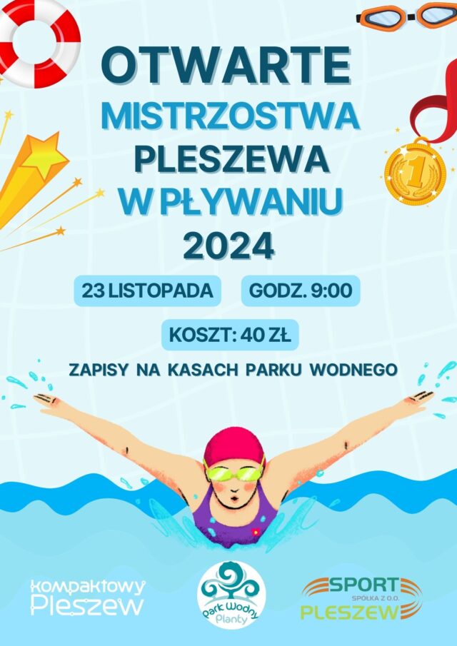 Plakat Mistrzostw Pleszewa w Pływaniu.