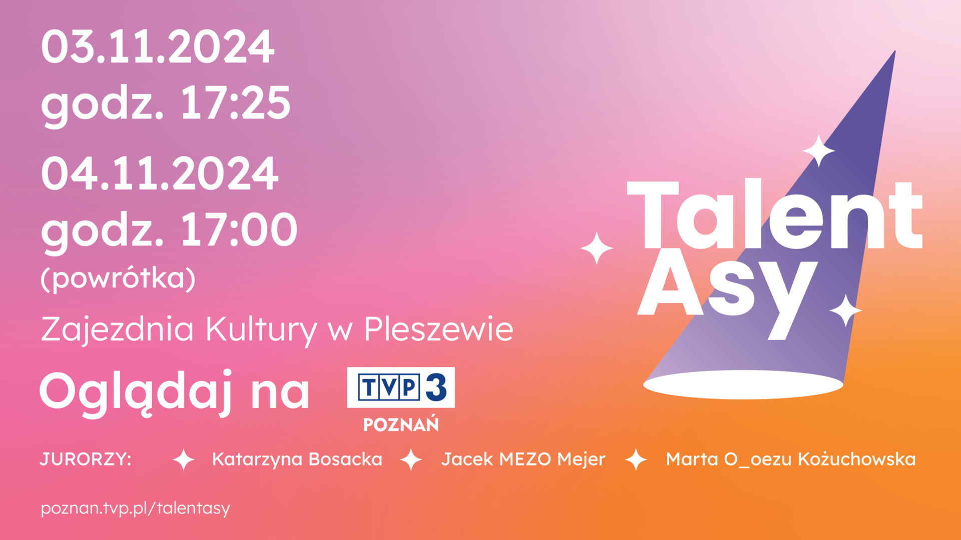 Grafika dotycząca szczegółów programu Talentasy w TVP3 Poznań