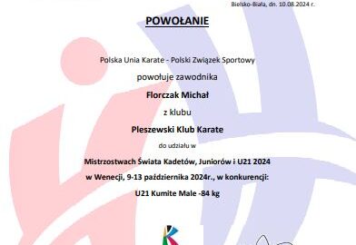 Zdjęcie dokumenty powołującego Michała Florczaka na Mistrzostwa Świata Karate