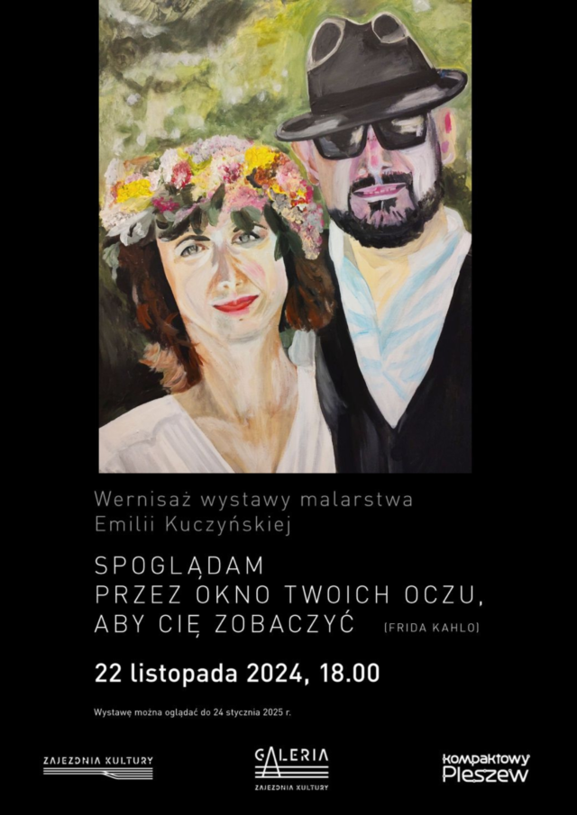 Plakat wernisażu wystawy odbywającego się w Zajezdni Kultury w Pleszewie 22 listopada 2024 r. o godzinie 18:00.