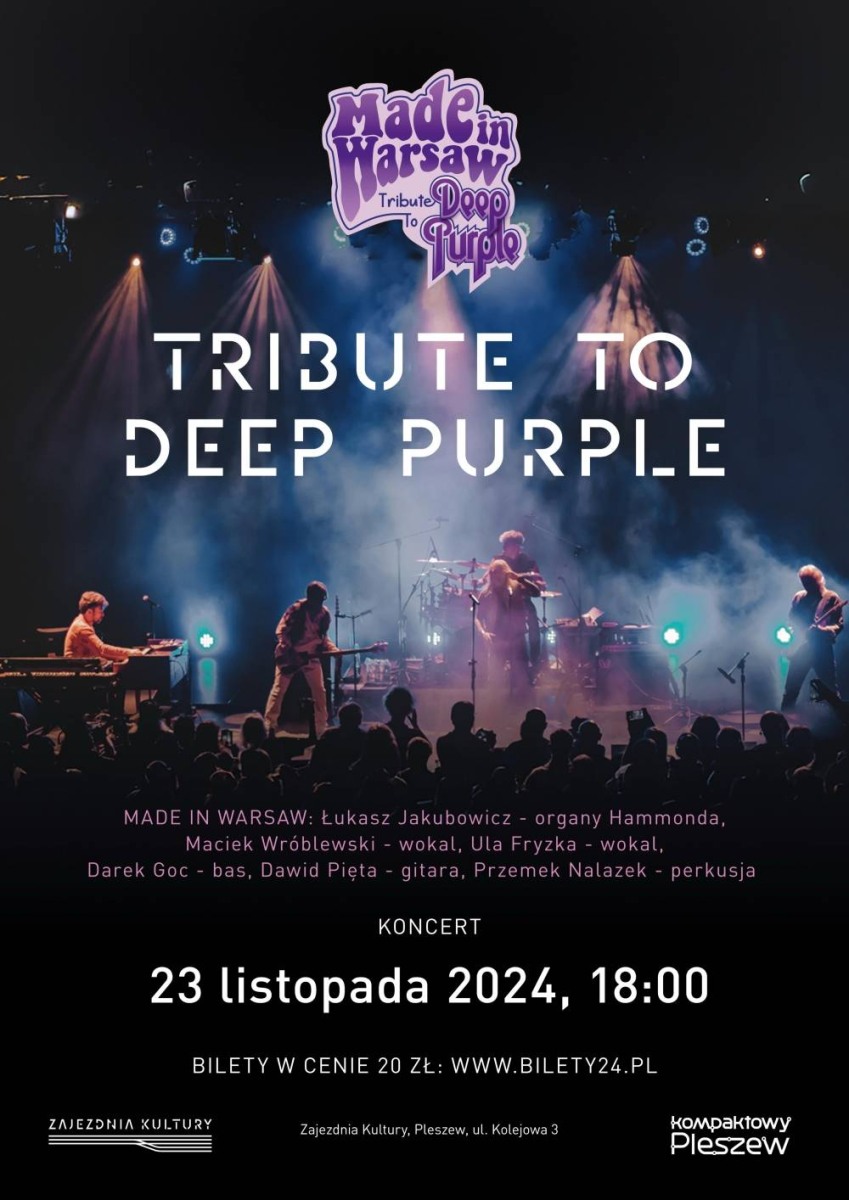 Plakat koncertu Tribute to Deep Purple organizowanego w Zajezdni Kultury w Pleszewie 23 listopada 2024 r. o godzinie 18:00.