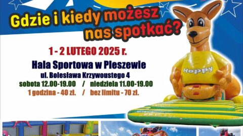 Plakat festiwalu dmuchańców odbywającego się w hali sportowej w Pleszewie.